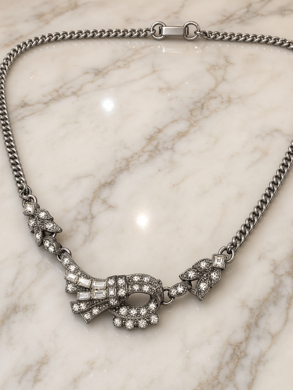 Silver Crystal Ribbon Necklace - Women Jewelry